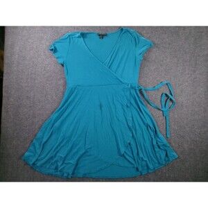 Forever 21 Plus Dress Womens 1X Teal Wrap Short Sleeve Flowy Rayon Spandex
